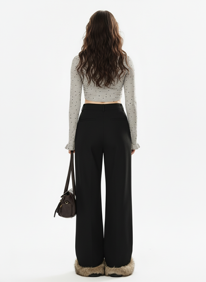 Retro Faux Fur Hem Wide-Leg Pants