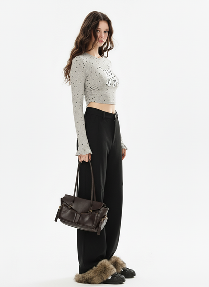 Retro Faux Fur Hem Wide-Leg Pants