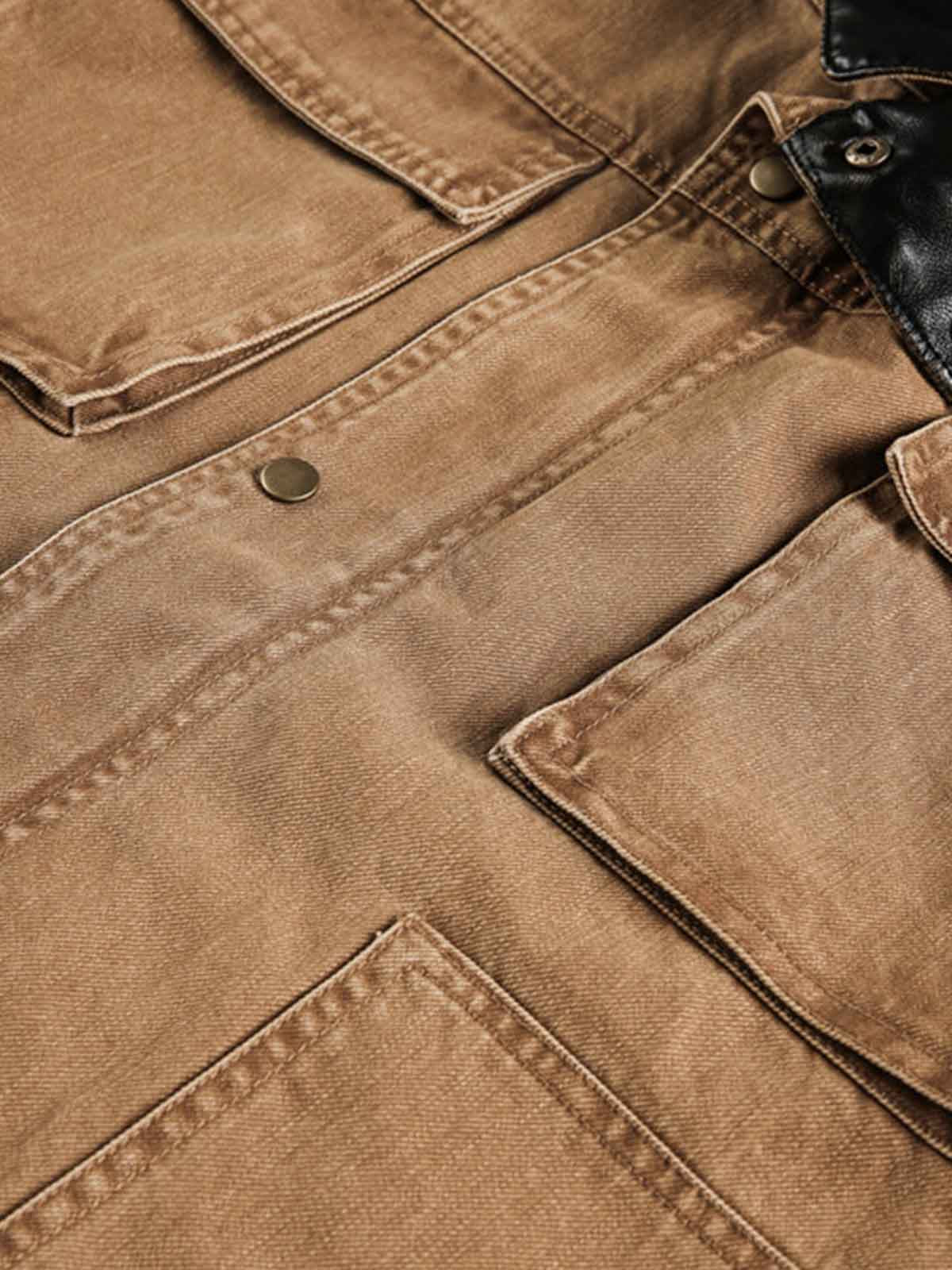Leather Contrast Fold-Over Collar Multi Pocket Jacket