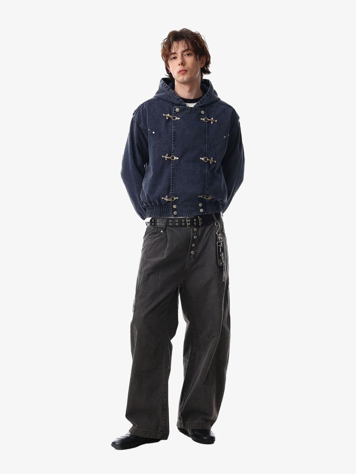 Washed Cotton Hooded Duffle Jacket with Metal Snap Buttons and Ribbed Hem 