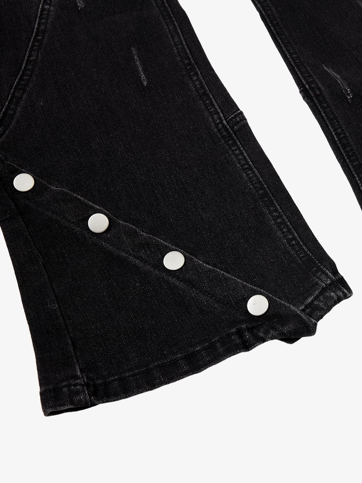 Black Denim Wide-Leg Jeans with Asymmetric Stitching and Button Details?