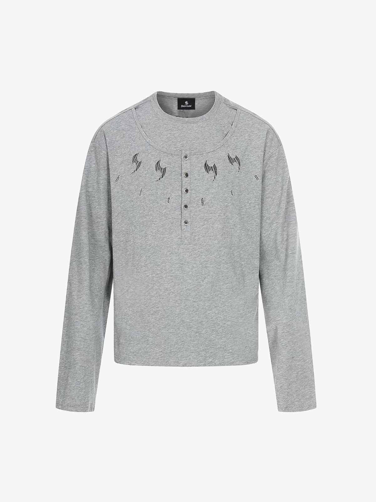 Layered Neck Button Detail Long Sleeve T-Shirt