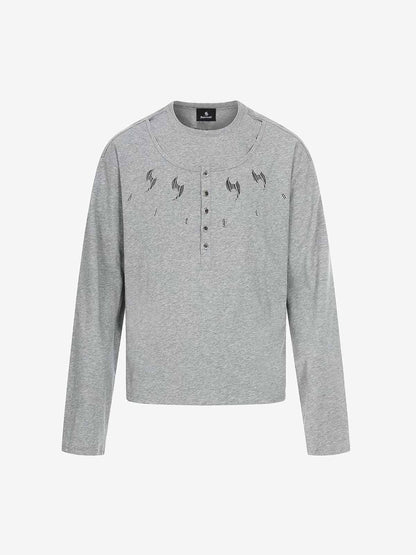 Layered Neck Button Detail Long Sleeve T-Shirt