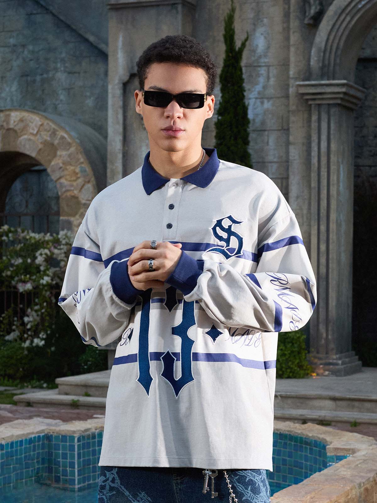 Supermade Color-Blocked Polo Collar Embroidered Print Long-Sleeved Jersey?