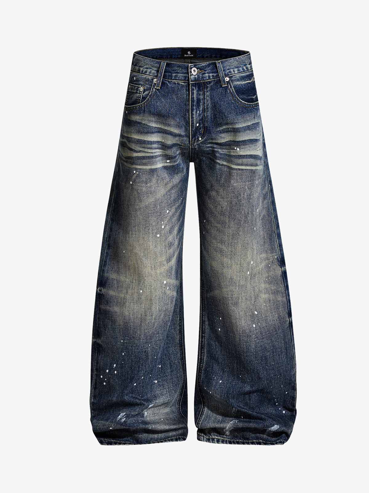 Washed Paint-Splatter Pleated Wide-Leg Barrel Jeans 