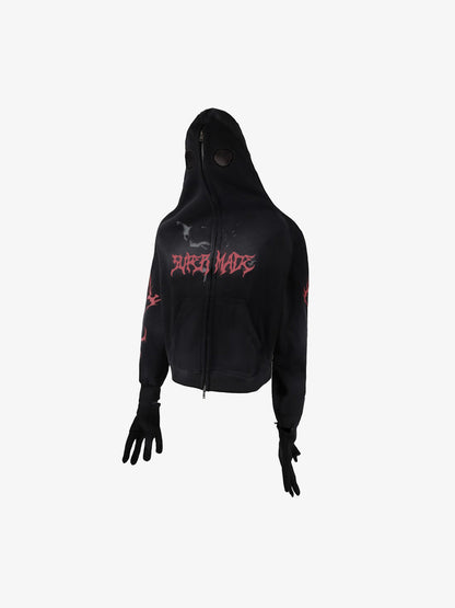 Cotton Blend Hooded Zip-Up Costume Jacket with Eye Holes and Gloves, Gothic Horror Style Full Coverage Hoodie for Cosplay and Halloween 