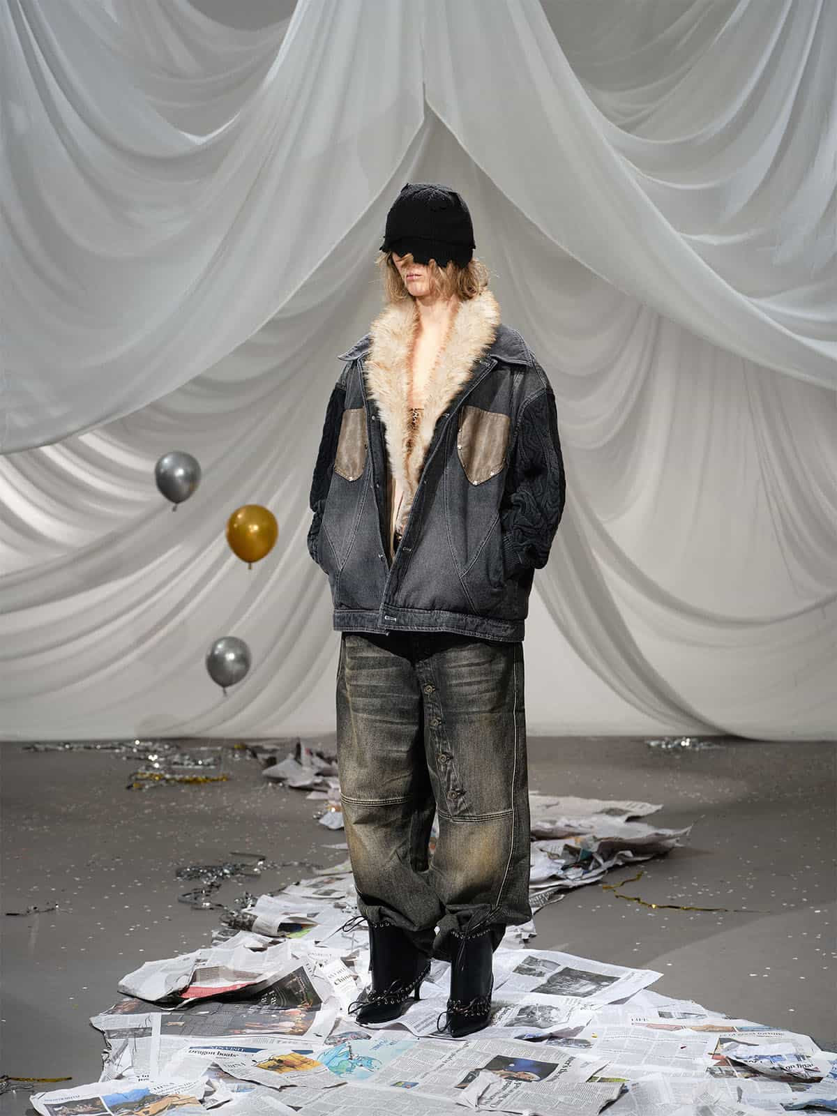 Stylish Denim Jacket with Cable Knit Sleeves and Leather Patches for Men 