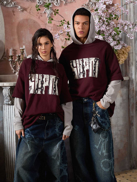 SUPM Chain Print Color Block Faux Two-Piece Hooded Long-Sleeve T-Shirt 