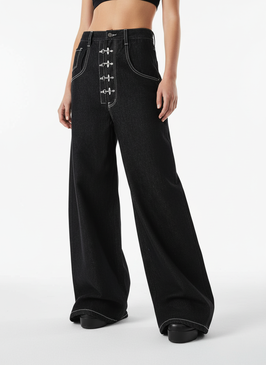 Vintage Contrast Stitch Button-Up Scimitar Jeans