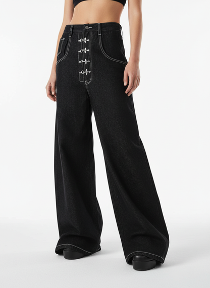 Vintage Contrast Stitch Button-Up Scimitar Jeans