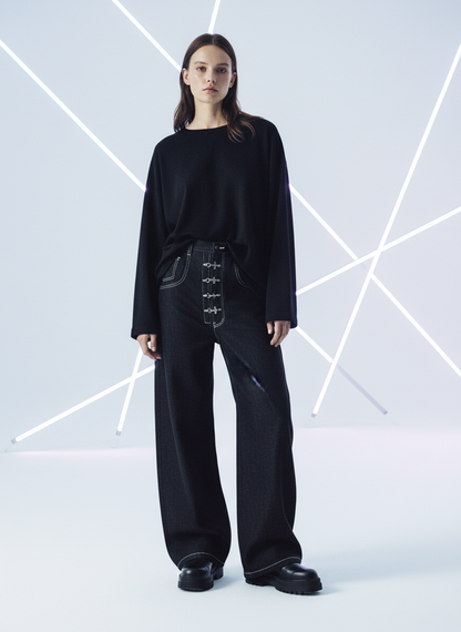 Vintage Contrast Stitch Button-Up Scimitar Jeans