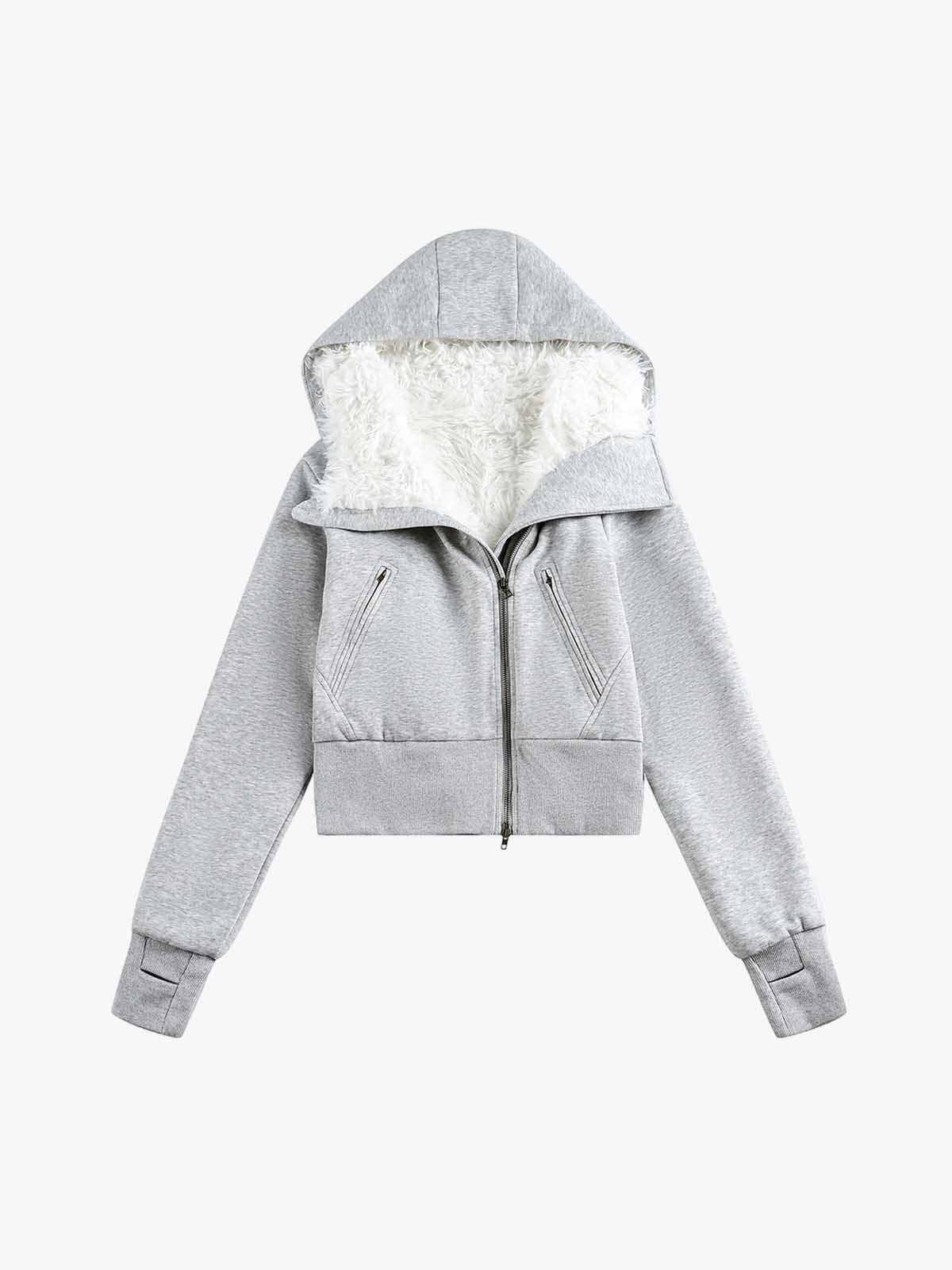 Detachable Fur Hooded Off-Shoulder Cropped Jacket