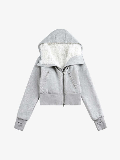 Detachable Fur Hooded Off-Shoulder Cropped Jacket