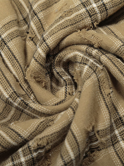 Ripped Plaid Cotton Long Sleeve Shirt for Men - Distressed Checkered Button-Up Casual overshirt?