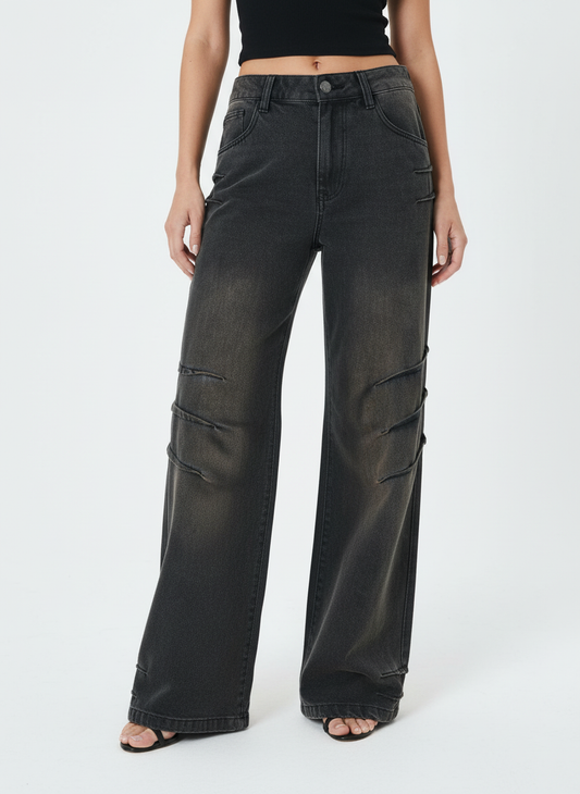 Washed Pleated Straight Jeans - 2263
