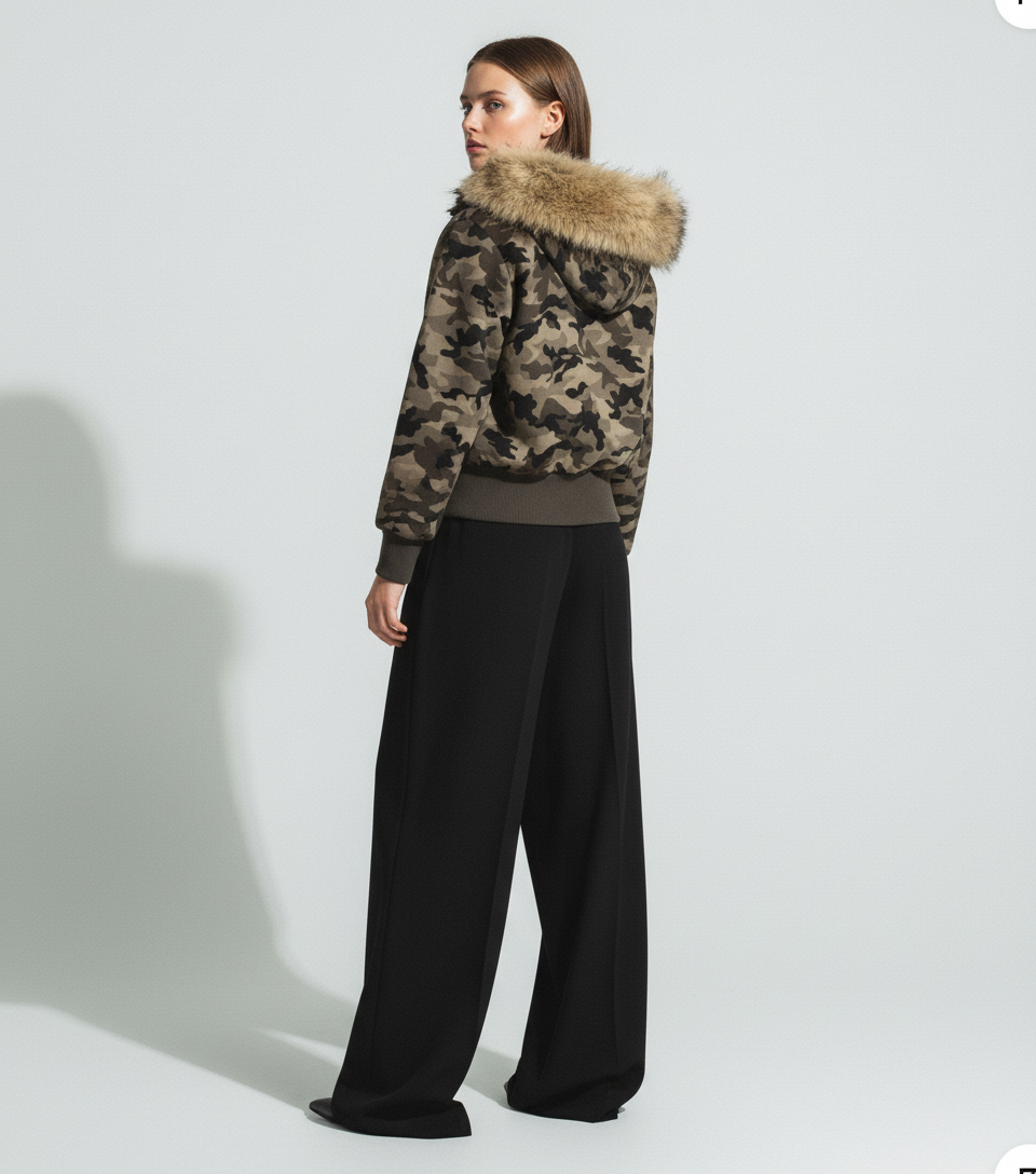 Camouflage Embroidery Patchwork Cardigan Fur Collar Hooded Sweatshirt