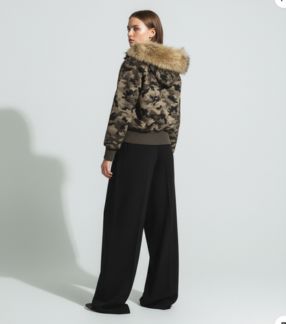 Camouflage Embroidery Patchwork Cardigan Fur Collar Hooded Sweatshirt