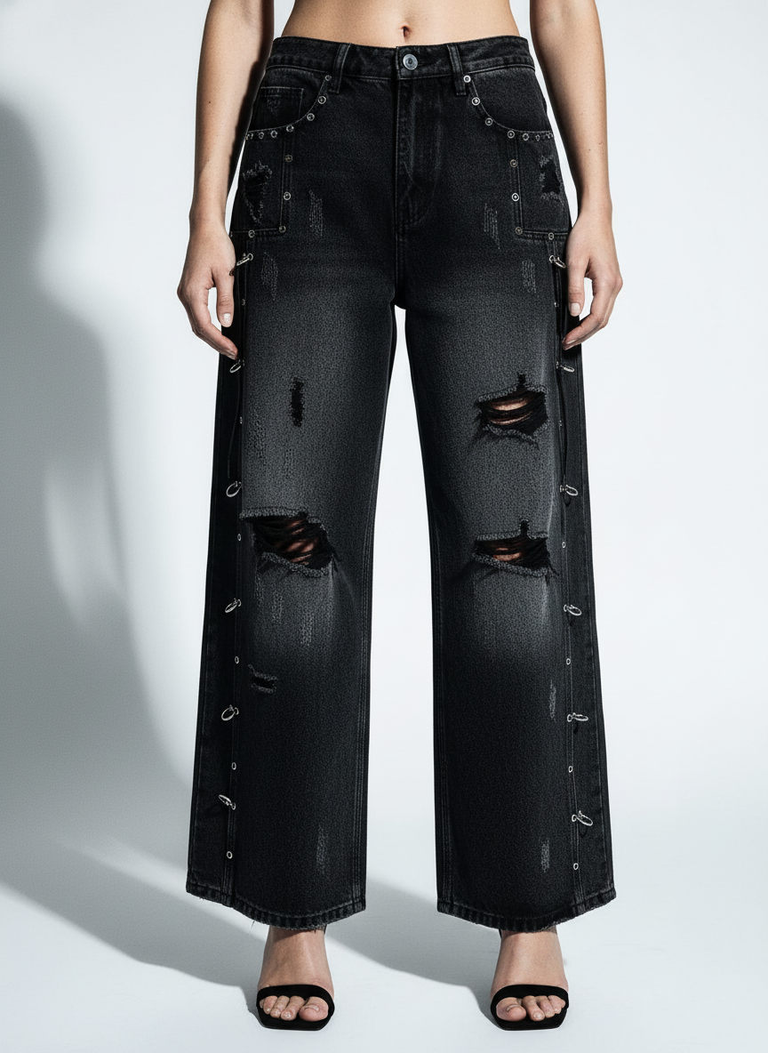 Vintage Washed Distressed Metal Ring Baggy Jeans