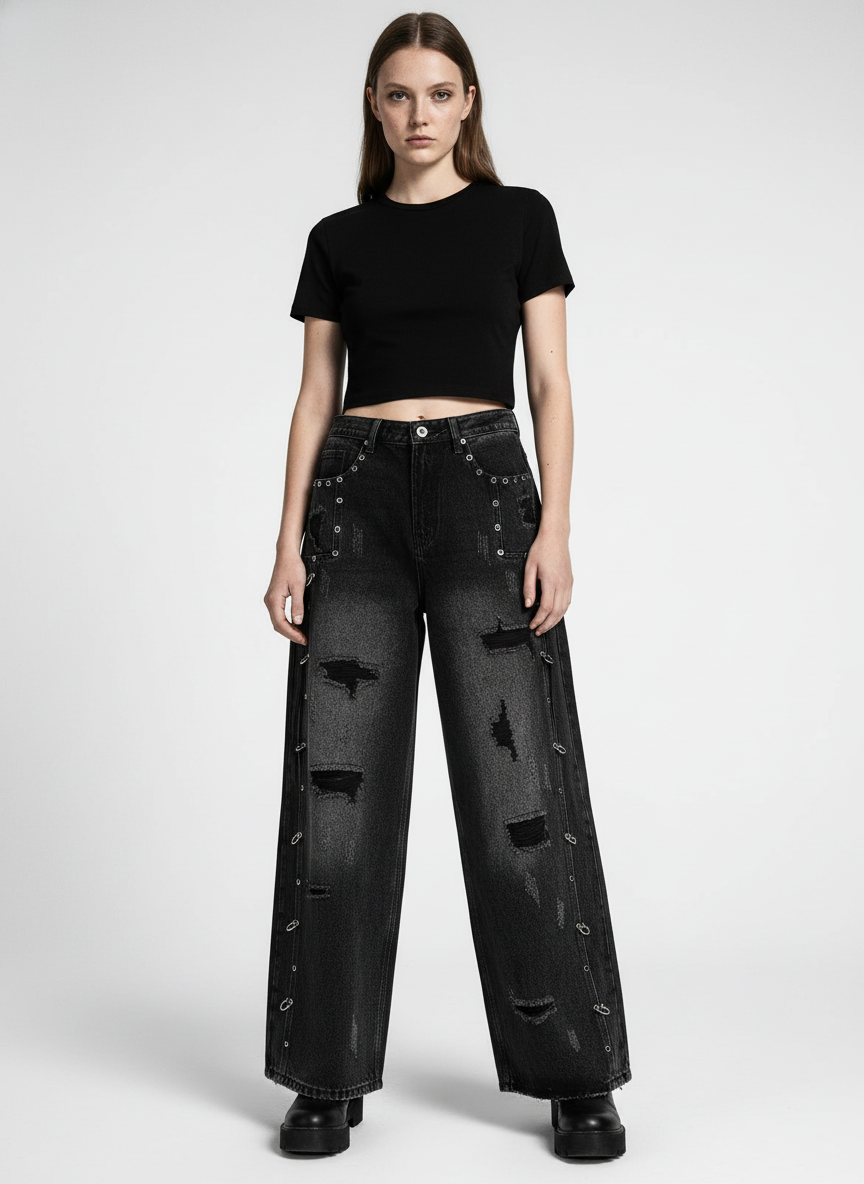 Vintage Washed Distressed Metal Ring Baggy Jeans