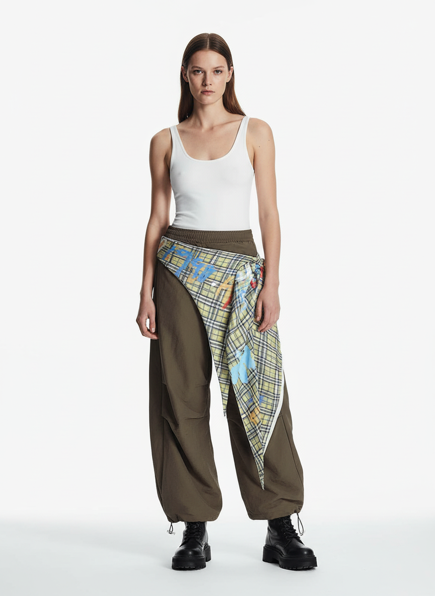 Contrast Graffiti Plaid Decorative Patchwork Loose Casual Pant