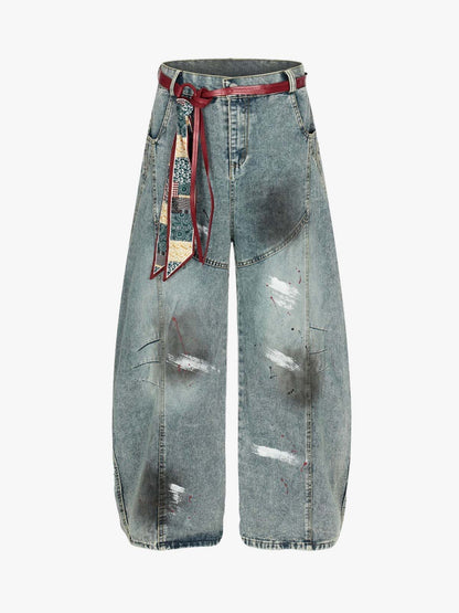 Vintage Paint-Splatter Scarf Tie Barrel Jeans