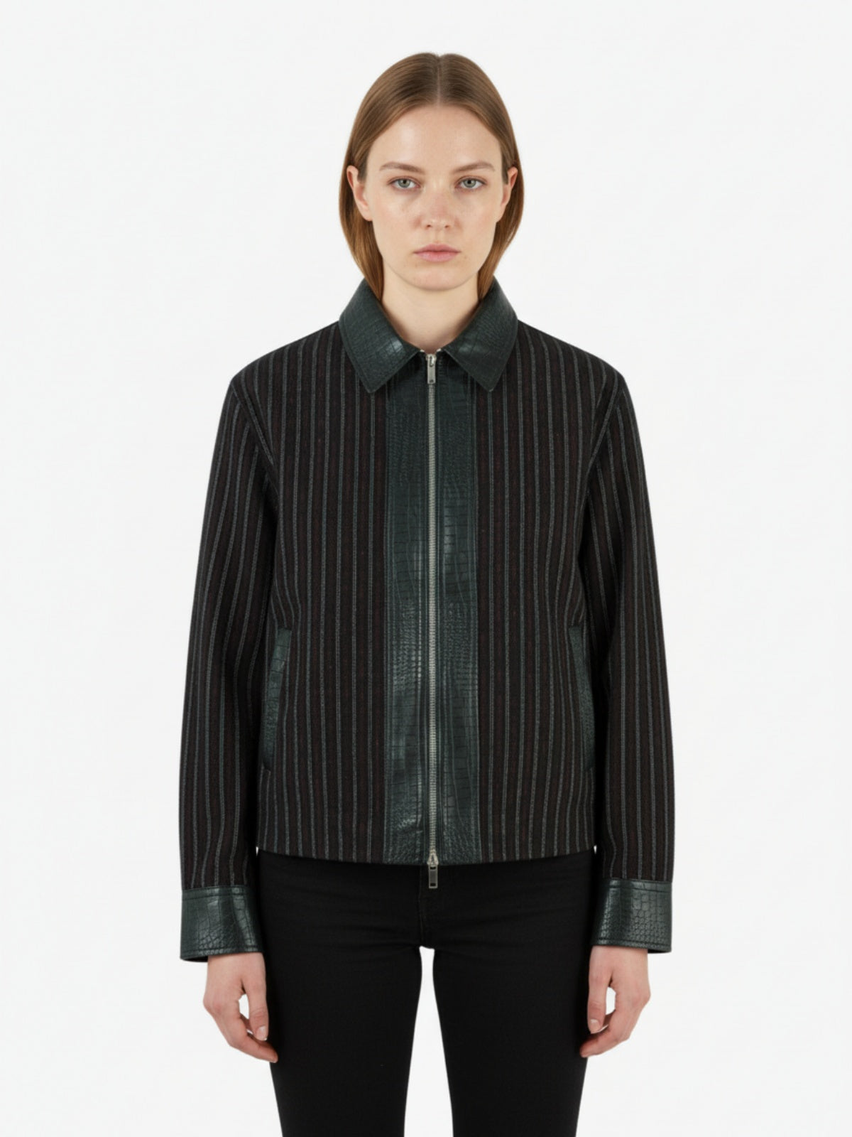 Textured PU Leather Patchwork Retro Stripe Jacket