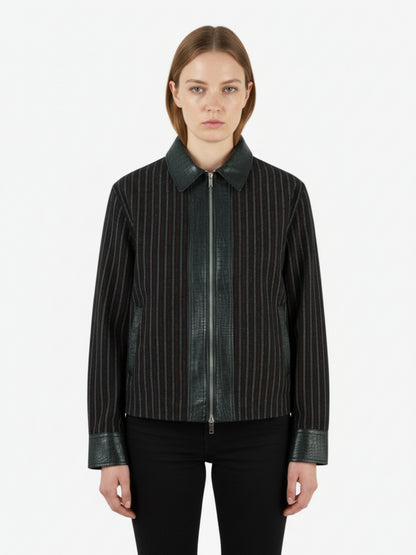 Textured PU Leather Patchwork Retro Stripe Jacket