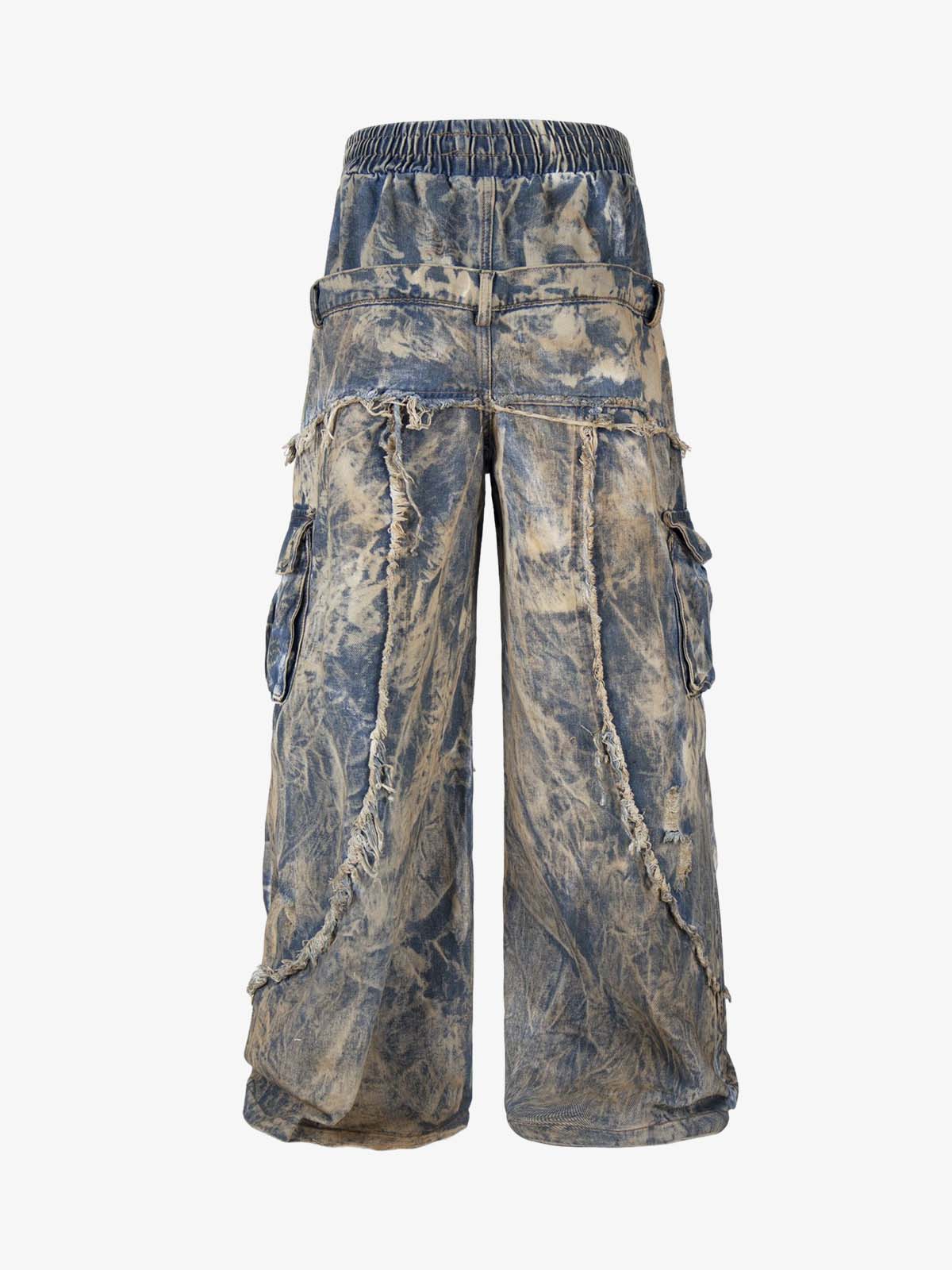 Double Waistband Acid Wash Patchwork Cargo Jeans