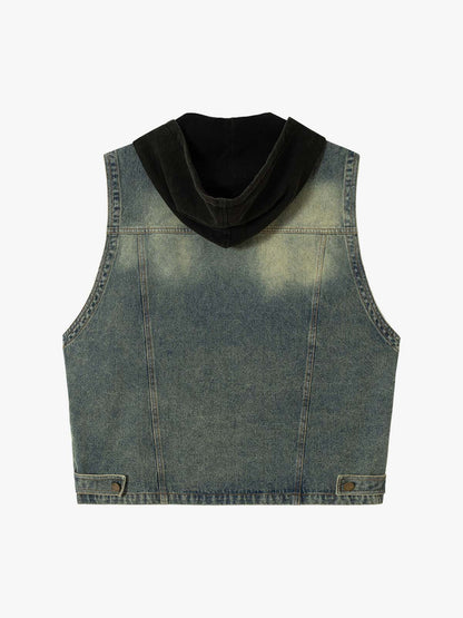 Thesupermade Functional Multi-pocket Hooded Denim Vest 