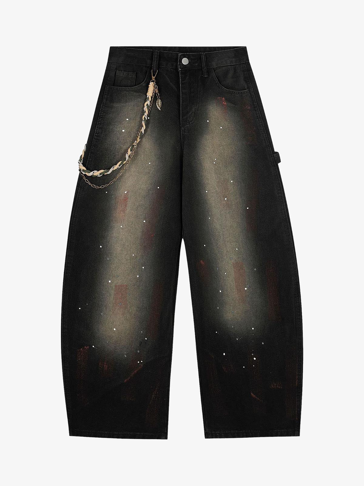 Distressed Denim Jeans with Braided Chain Detail - Perfect for Casual and Streetwear Styles 