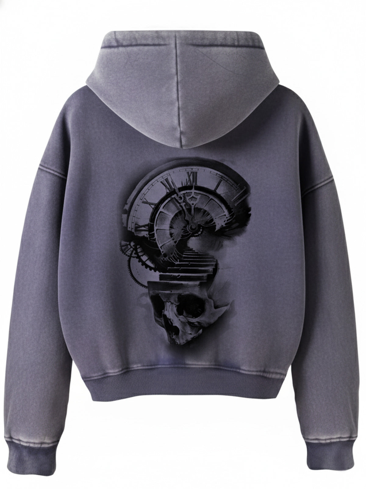 Thesupermade Washed Batik Distressed Double Zipper Cardigan Hooded Sweatshirt Sketch Skull Clock 