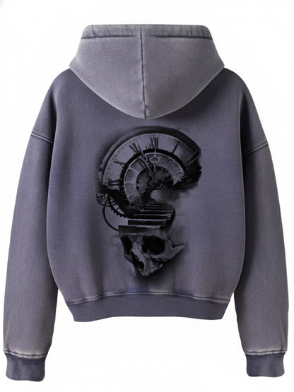 Thesupermade Washed Batik Distressed Double Zipper Cardigan Hooded Sweatshirt Sketch Skull Clock 