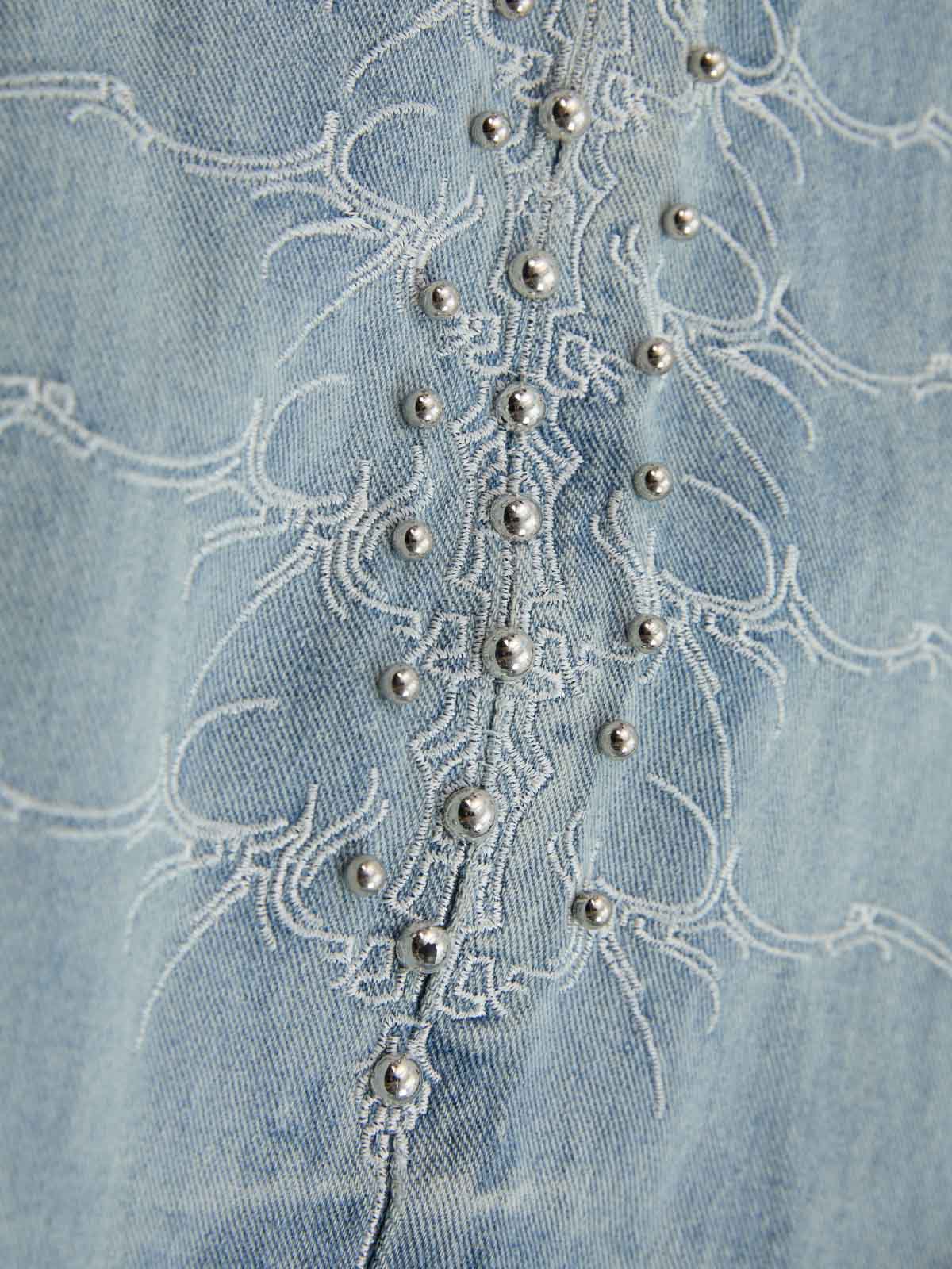 Light Blue Embroidered Denim Wide-Leg Pants with Beaded Details 