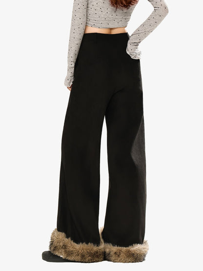 Retro Faux Fur Hem Wide-Leg Pants 