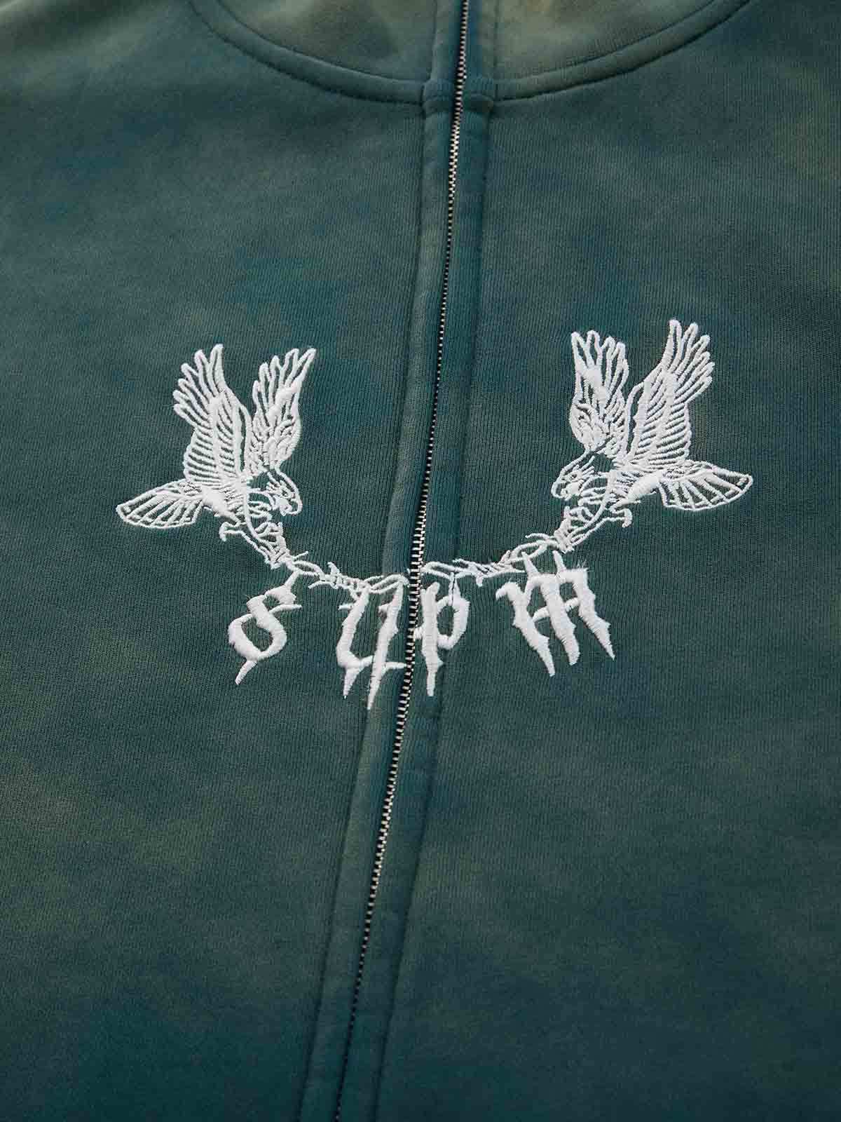 Supermade Gradient Eagle Embroidery Distressed Stand Collar Sweatshirt Jacket?