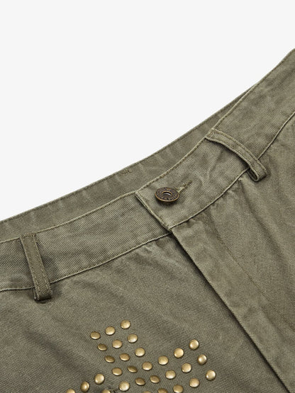 Cotton Twill Cargo Pants with Metal Studs Design Wide Leg Trousers for Men?
