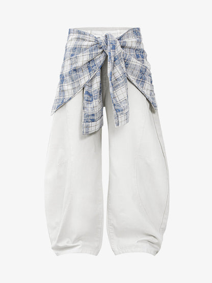 Stylish Wide-Leg Pants with Plaid Tie Belt - Perfect for Casual and Fashionable Looks 