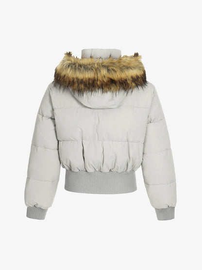 Retro Dark Print Faux Fur Collar Quilted Jacket 