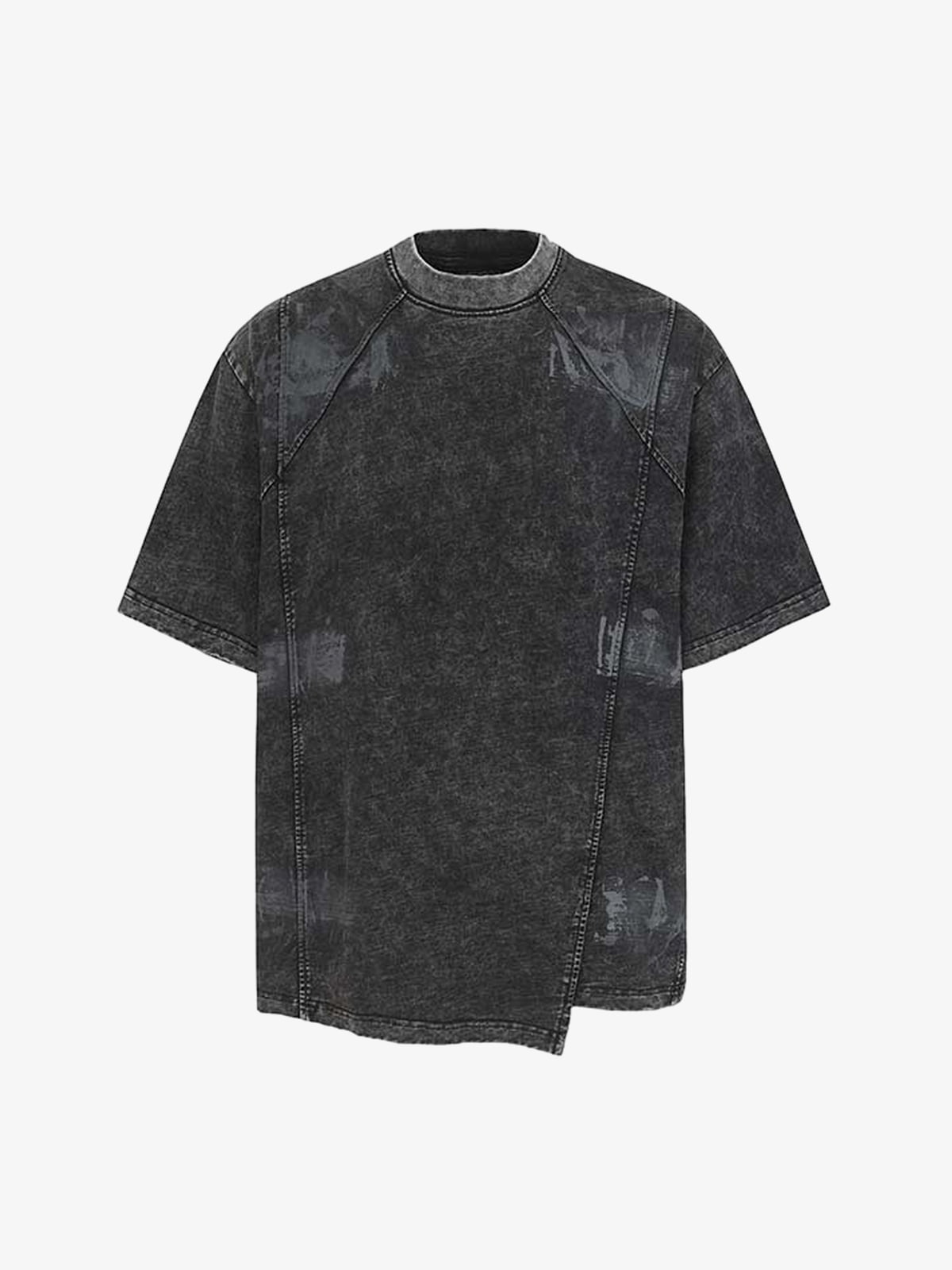 Denim Blend Oversized T-Shirt with Asymmetrical Hem and Patchwork Design?