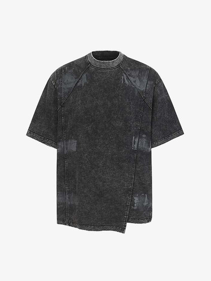 Denim Blend Oversized T-Shirt with Asymmetrical Hem and Patchwork Design?