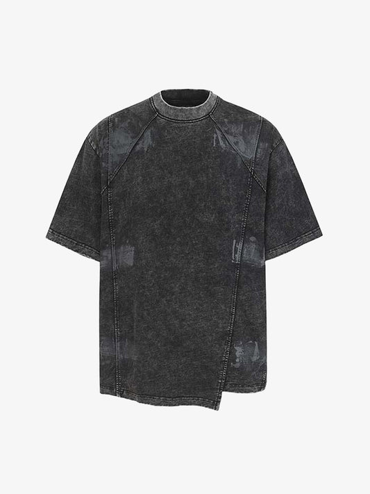 Denim Blend Oversized T-Shirt with Asymmetrical Hem and Patchwork Design?