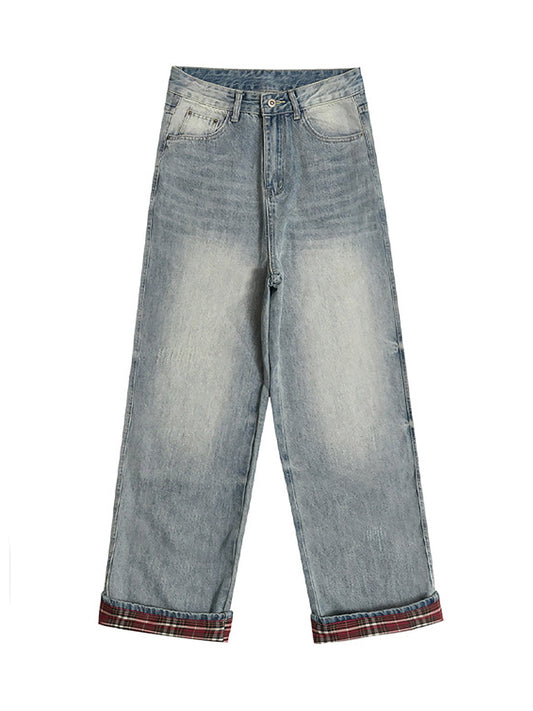 Vintage Washed Plaid Baggy Jeans 