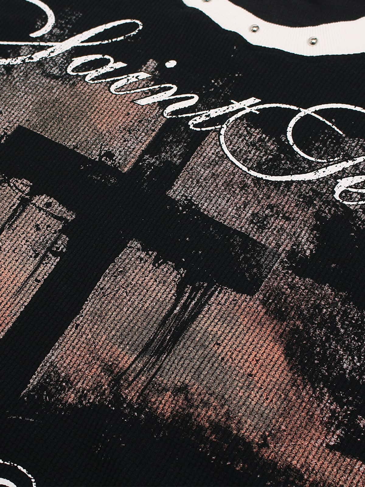 Cotton Blend Oversized Graphic T-Shirt with Cross Print and Embellished Collar?