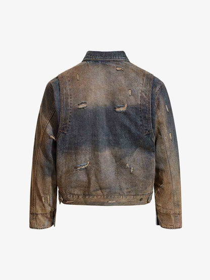 Vintage Washed Distressed Denim Zip Up Jacket