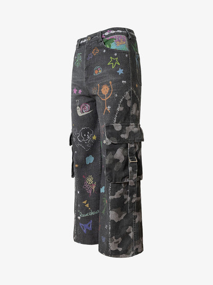 Thesupermade Graffiti Print Cold Transfer Camouflage Layered Cargo Jeans 