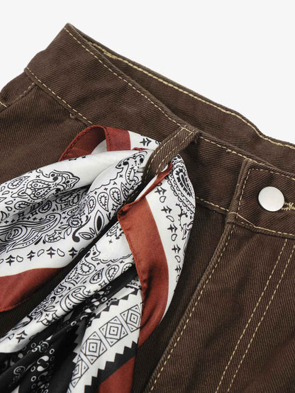 Cotton Wide-Leg Brown Trousers with Bandana Tie Waist Detail 