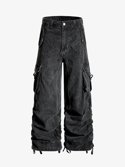 Cotton Twill Cargo Pants for Men Wide Leg Streetwear Style with Multiple Pockets and Drawstring Hem?