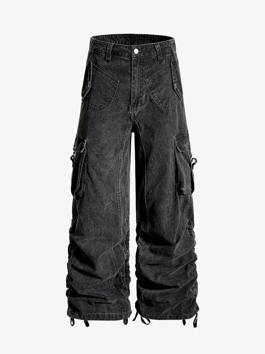 Cotton Twill Cargo Pants for Men Wide Leg Streetwear Style with Multiple Pockets and Drawstring Hem?