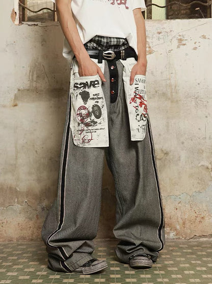 Stylish Wide-Leg Denim Trousers with Graphic Patches and Side Stripes 