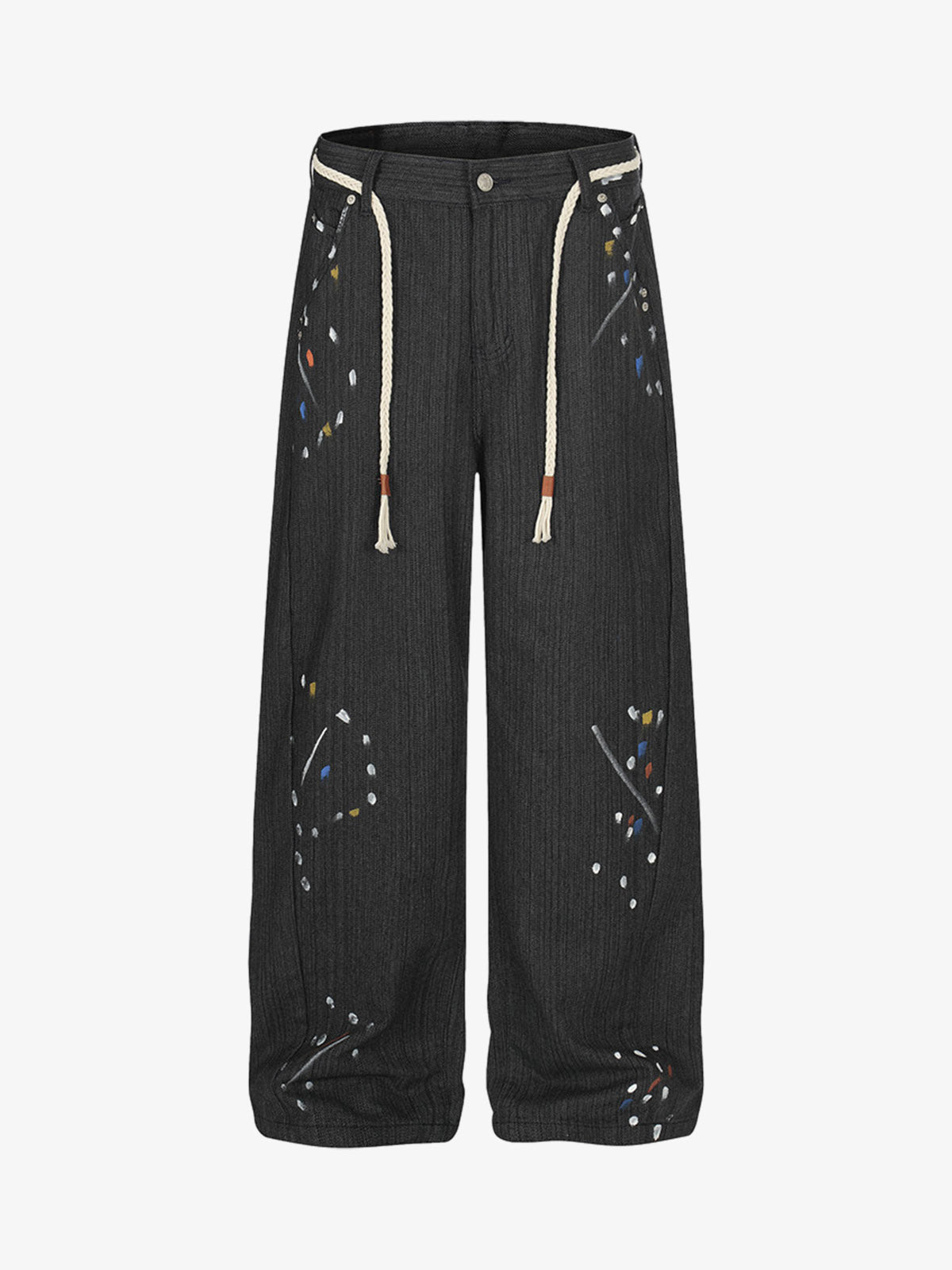 Stylish Wide-Leg Trousers with Artistic Embroidery and Adjustable Drawstrings 
